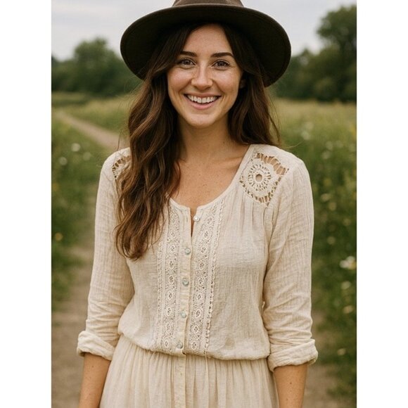 Notations White Cream Embroidered Cottagecore Bohemian Peasant Blouse Top S Q - Picture 1 of 8